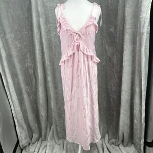 Pink Satin Fairy Slip Dress Butterflies Ruffle Midi Size M Coquette Feminine